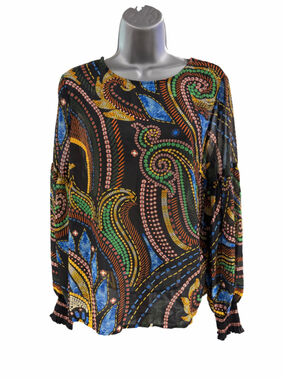 34. Women's Vici Paisley Print Long Sleeve Blouse, Black Multi-color size medium